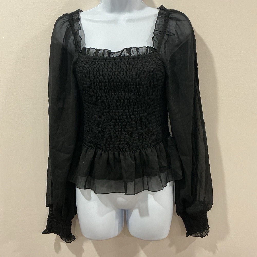 Black Smocked Peplum Top Women Large Sheer Dark Romantic Festival Whimsigoth